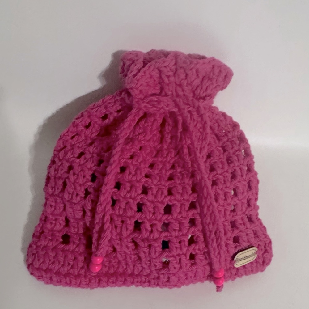 CROCHET  Handmade Small Hot Pink Drawstring Pouch!! New